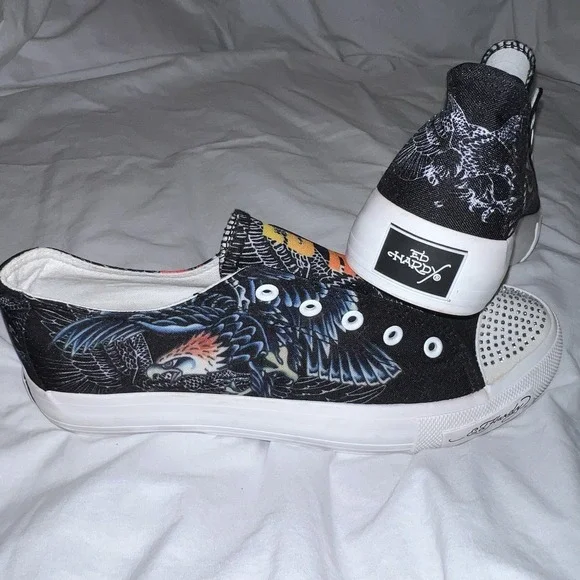 Y2K Ed Hardy Laceless Slip On Shoes Vintage Sneakers Womens Size 10 Eagle Tattoo - Picture 3 of 9